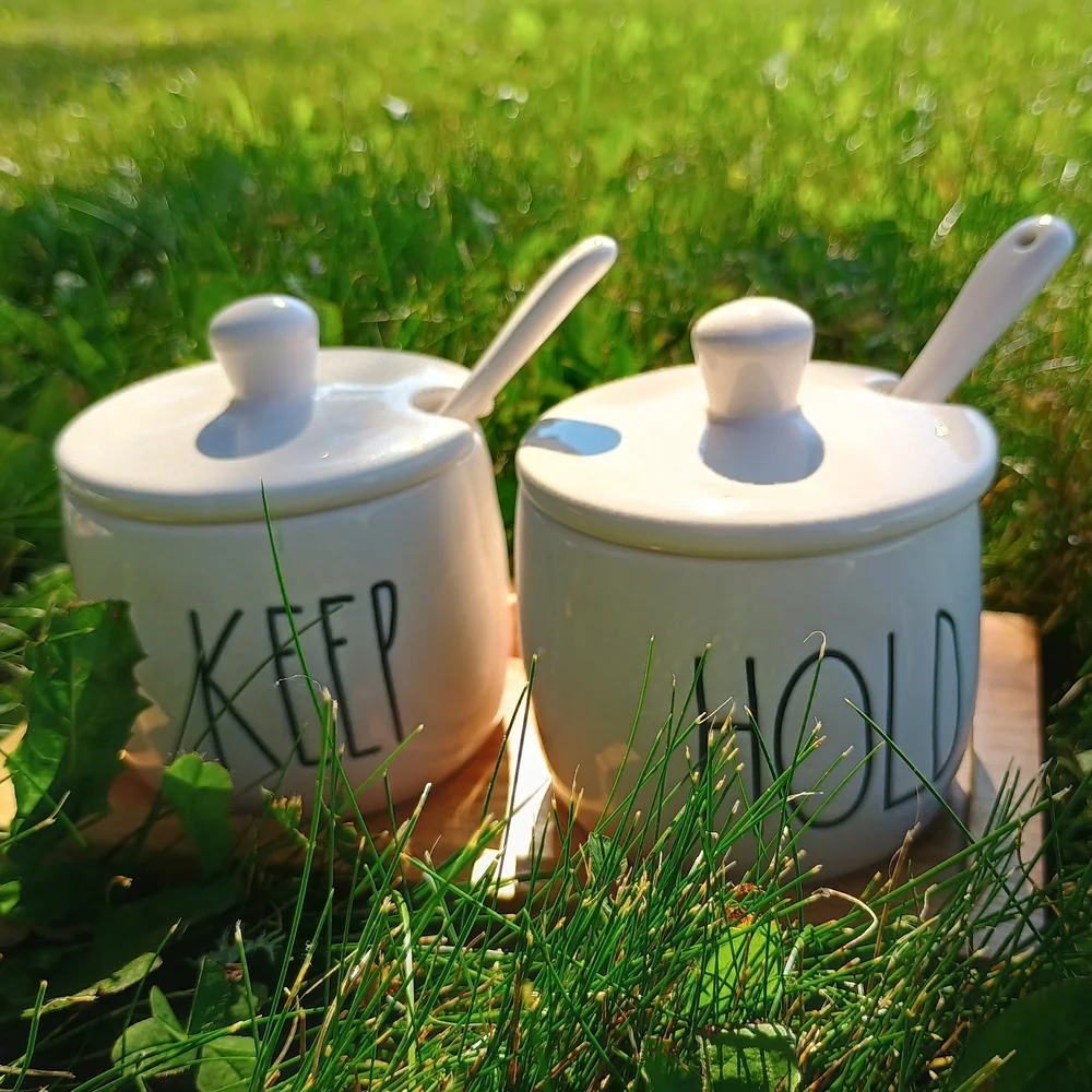 Rae Dunn Keep Hold ceramic serving pots w spoons, lids & base, farmhouse style